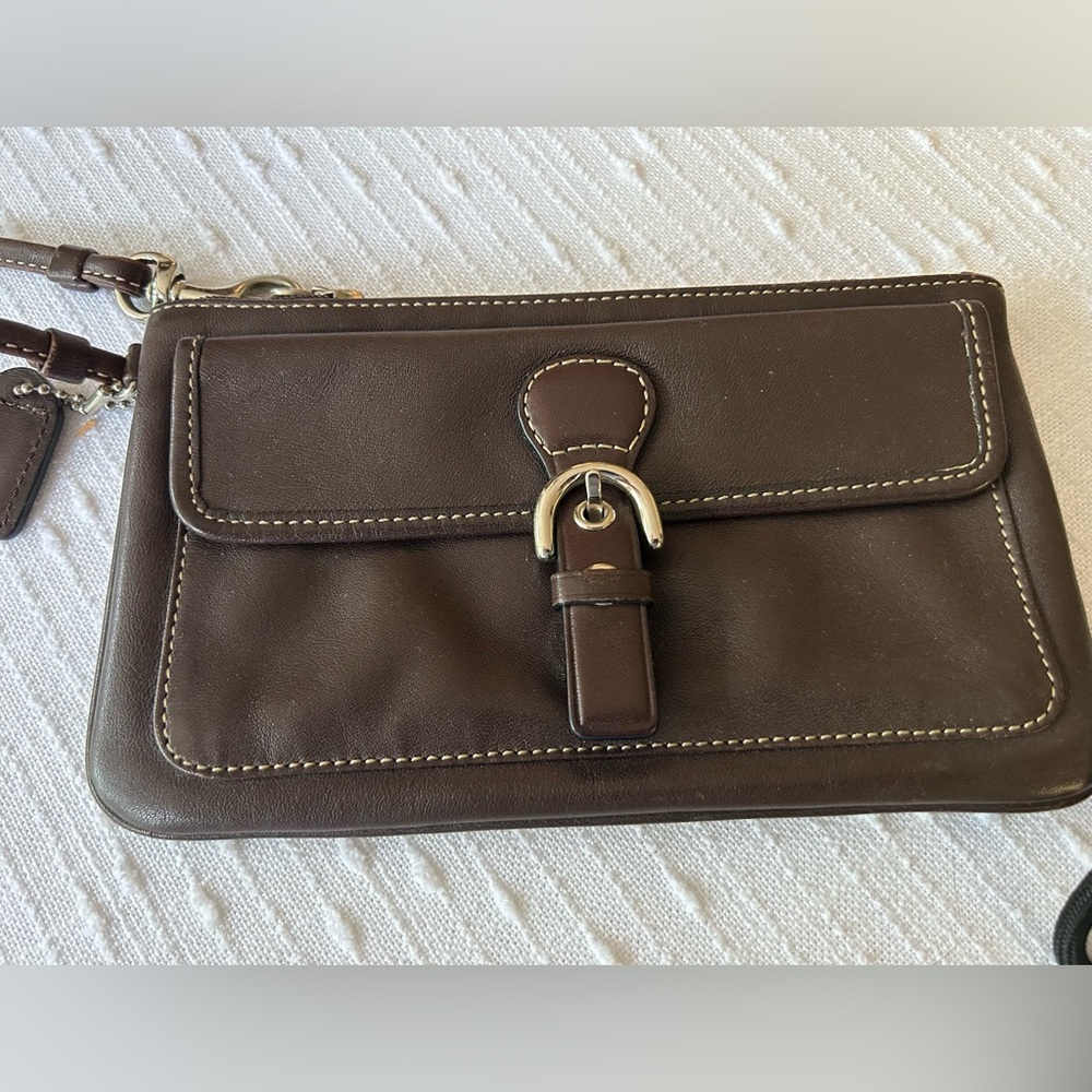 Coach Brown Leather Clutch with Buckle Detail
